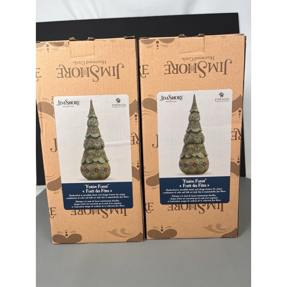 Jim Shore 6005693 ~ Festive Forest Green & Red Christmas Trees ~ Set of Two